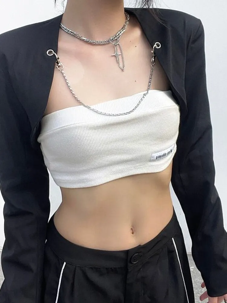 Joskaa Heyoungirl Chains Black Short Jacket Fashion Korean Basic Autumn Cardigan Top Streetwear Outfits Punk Grunge Winter Coat Casual