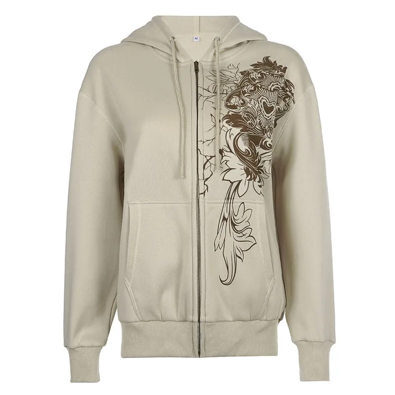 Joskaa HEYounGIRL Fleece Warm y2k Coat Women Vintage Zip Up Hoodies Harajuku Grunge Khaki Sweatshirt Loose Graphic Print Jacket Winter