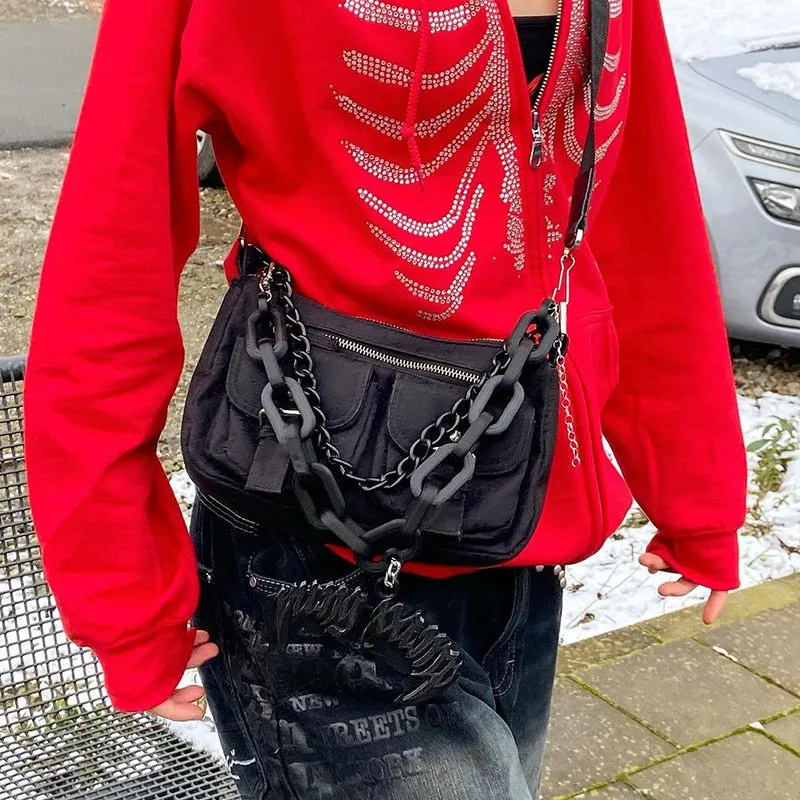 Joskaa HEYounGIRL Harajuku Gothic Hoodies Coat Women Skull Print Goth Grunge Long Sleeve Oversized Jacket Rhinestone 90s Sweatshirt