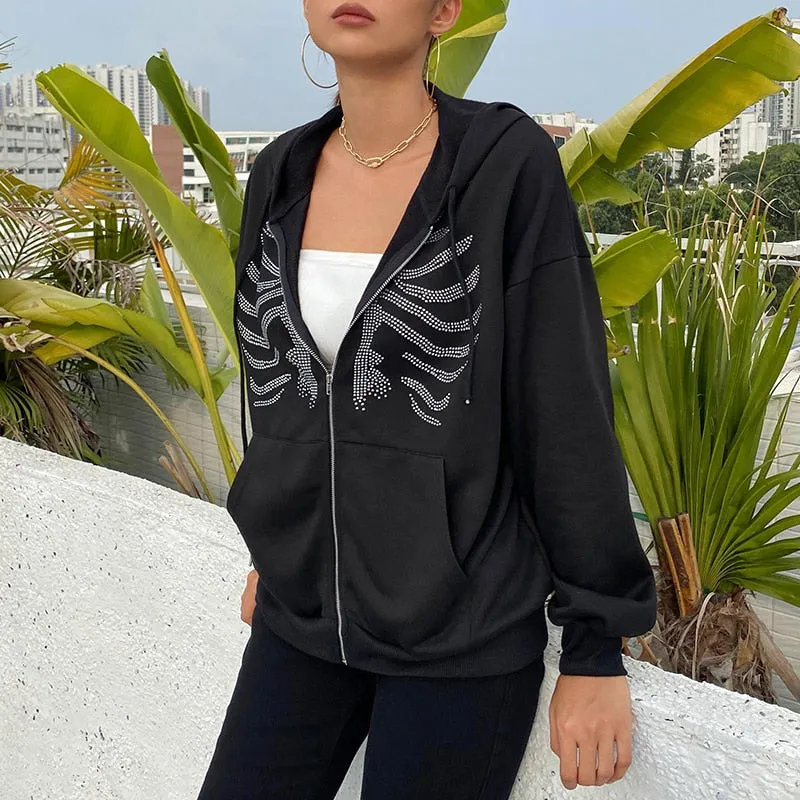 Joskaa HEYounGIRL Harajuku Gothic Hoodies Coat Women Skull Print Goth Grunge Long Sleeve Oversized Jacket Rhinestone 90s Sweatshirt