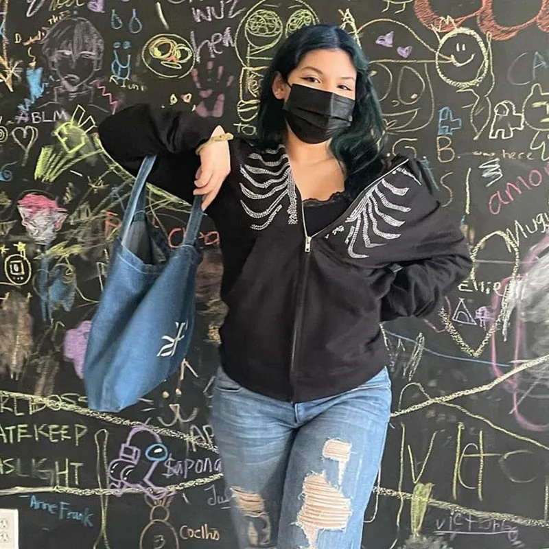 Joskaa HEYounGIRL Harajuku Gothic Hoodies Coat Women Skull Print Goth Grunge Long Sleeve Oversized Jacket Rhinestone 90s Sweatshirt