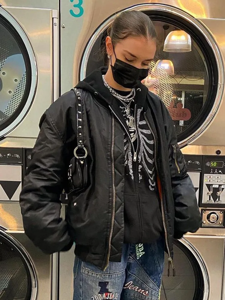 Joskaa HEYounGIRL Harajuku Gothic Hoodies Coat Women Skull Print Goth Grunge Long Sleeve Oversized Jacket Rhinestone 90s Sweatshirt