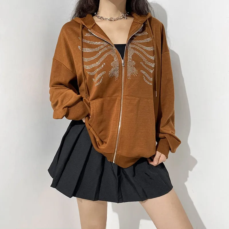Joskaa HEYounGIRL Harajuku Gothic Hoodies Coat Women Skull Print Goth Grunge Long Sleeve Oversized Jacket Rhinestone 90s Sweatshirt
