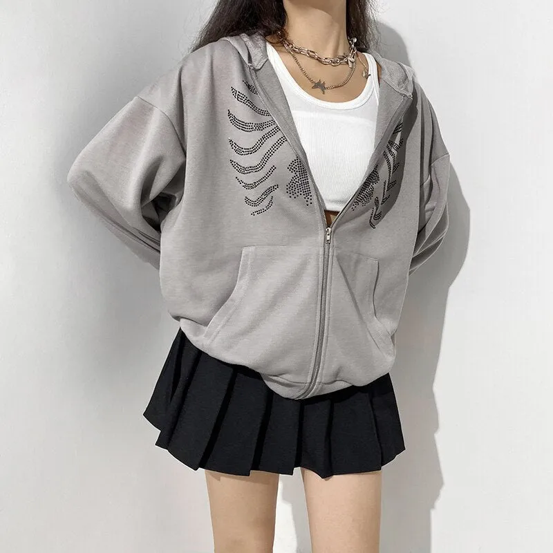 Joskaa HEYounGIRL Harajuku Gothic Hoodies Coat Women Skull Print Goth Grunge Long Sleeve Oversized Jacket Rhinestone 90s Sweatshirt