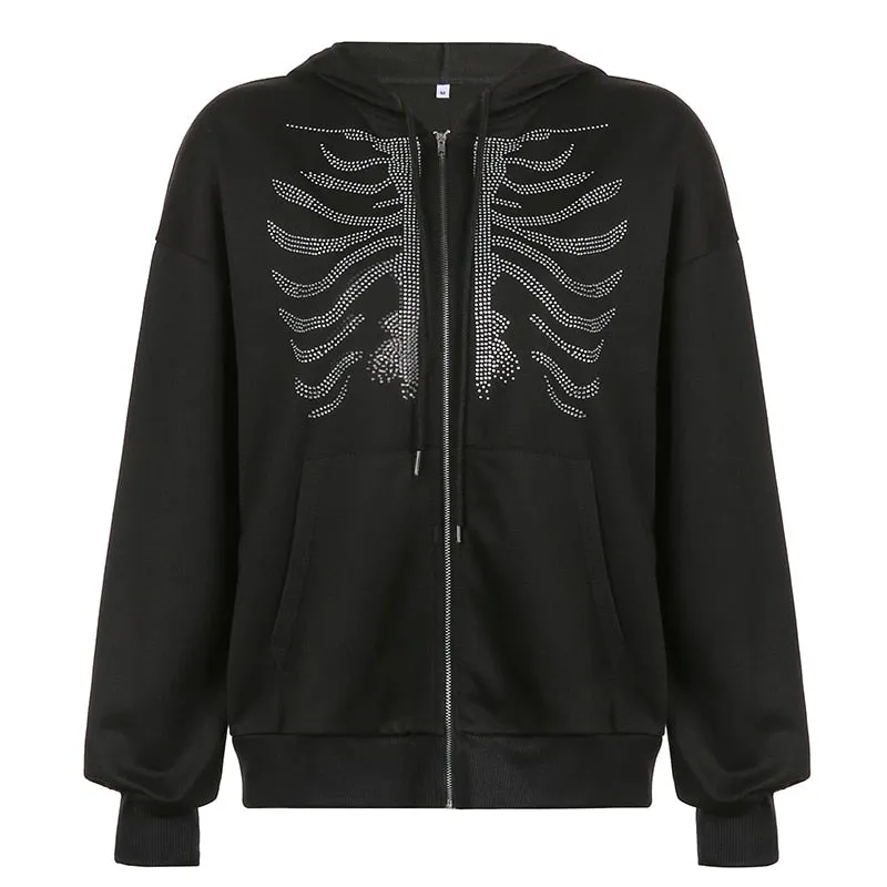 Joskaa HEYounGIRL Harajuku Gothic Hoodies Coat Women Skull Print Goth Grunge Long Sleeve Oversized Jacket Rhinestone 90s Sweatshirt