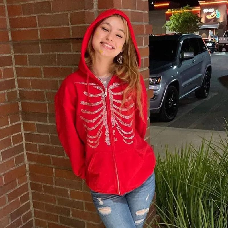 Joskaa HEYounGIRL Harajuku Gothic Hoodies Coat Women Skull Print Goth Grunge Long Sleeve Oversized Jacket Rhinestone 90s Sweatshirt