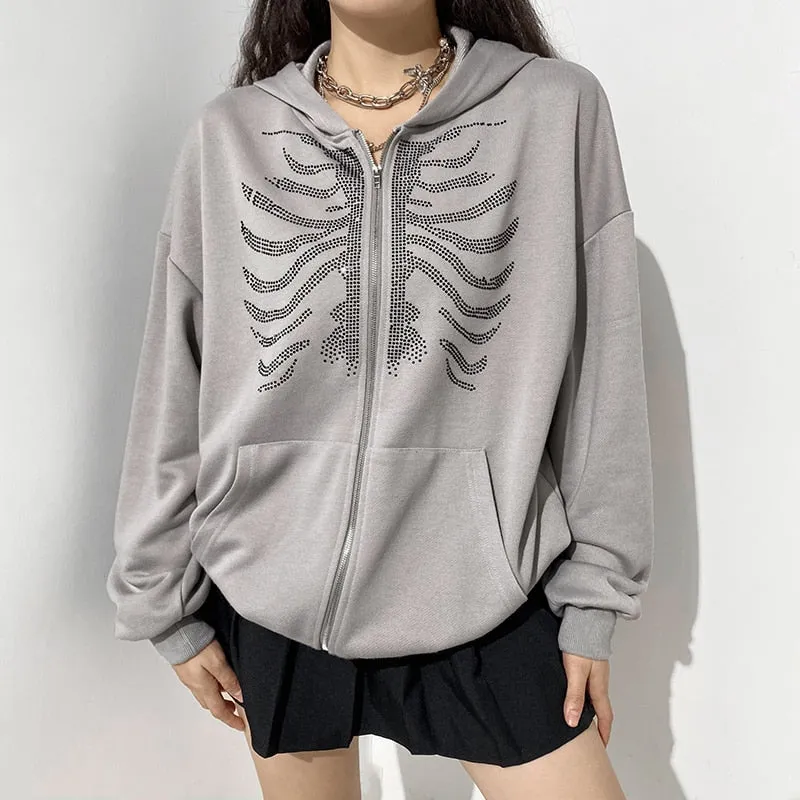 Joskaa HEYounGIRL Harajuku Gothic Hoodies Coat Women Skull Print Goth Grunge Long Sleeve Oversized Jacket Rhinestone 90s Sweatshirt