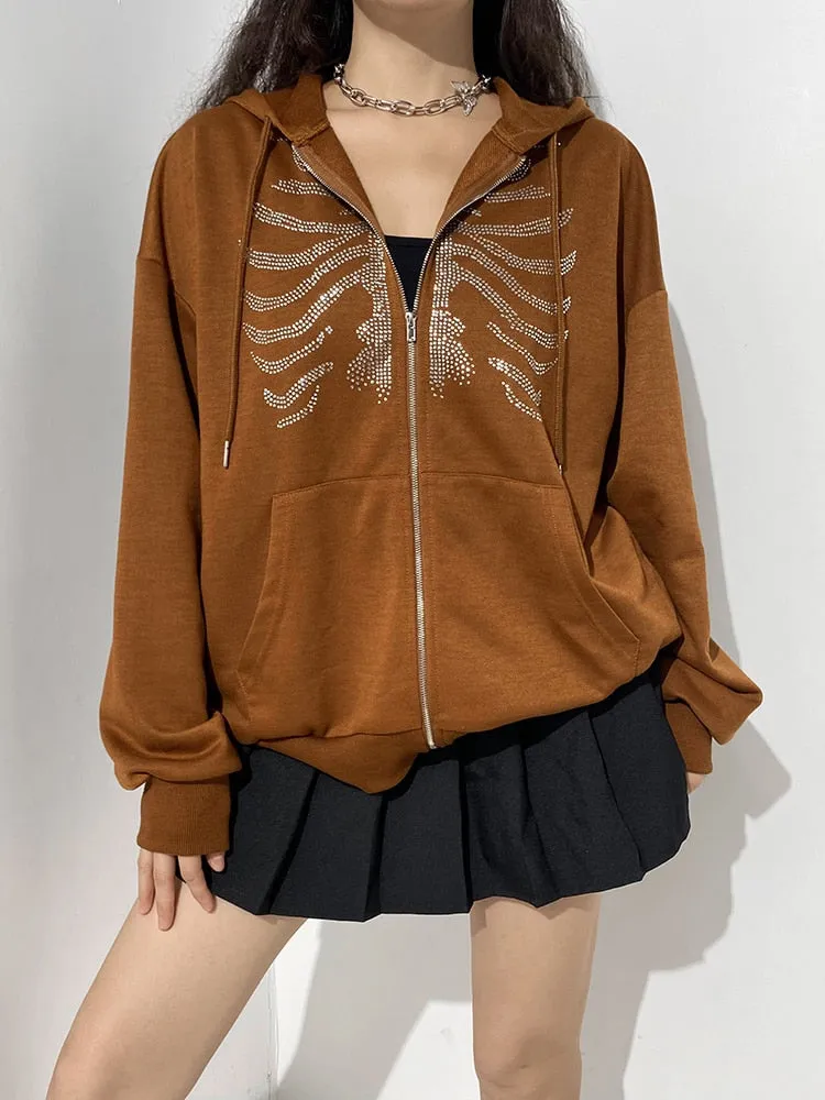 Joskaa HEYounGIRL Harajuku Gothic Hoodies Coat Women Skull Print Goth Grunge Long Sleeve Oversized Jacket Rhinestone 90s Sweatshirt