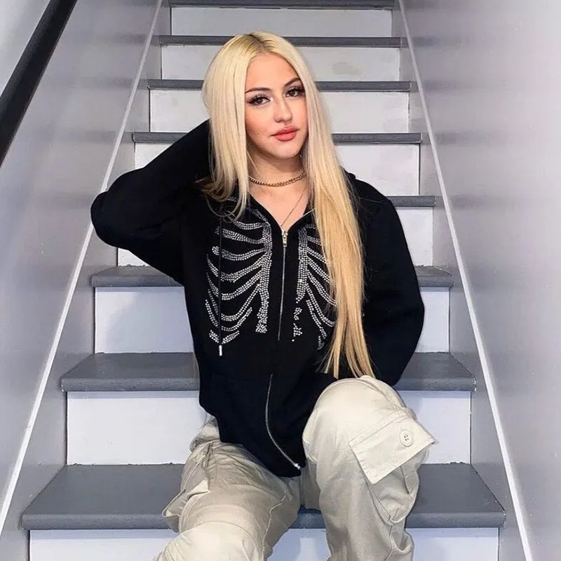 Joskaa HEYounGIRL Harajuku Gothic Hoodies Coat Women Skull Print Goth Grunge Long Sleeve Oversized Jacket Rhinestone 90s Sweatshirt