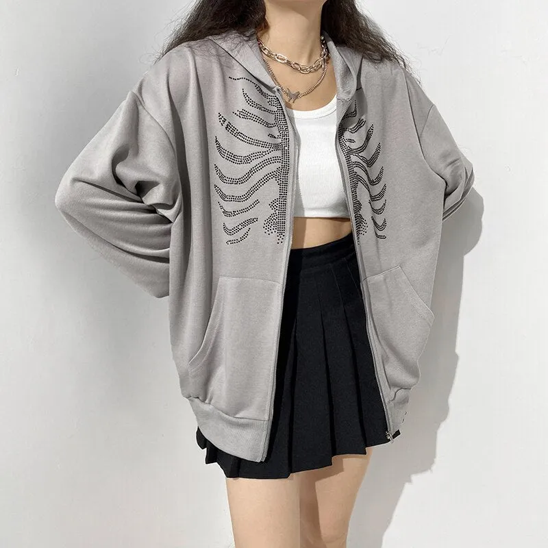 Joskaa HEYounGIRL Harajuku Gothic Hoodies Coat Women Skull Print Goth Grunge Long Sleeve Oversized Jacket Rhinestone 90s Sweatshirt