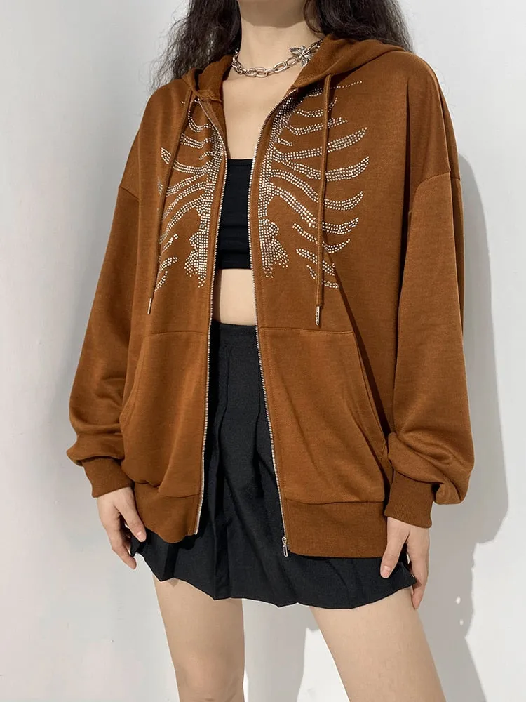 Joskaa HEYounGIRL Harajuku Gothic Hoodies Coat Women Skull Print Goth Grunge Long Sleeve Oversized Jacket Rhinestone 90s Sweatshirt