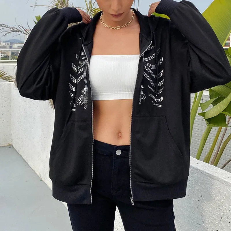 Joskaa HEYounGIRL Harajuku Gothic Hoodies Coat Women Skull Print Goth Grunge Long Sleeve Oversized Jacket Rhinestone 90s Sweatshirt