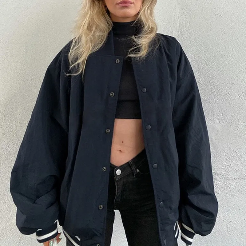 Joskaa Heyoungirl Women 2024 Bomber Jacket Winter Button Up Loose Casual Baseball Jacket Street Outfits Y2K Preppy Black Coat Grunge