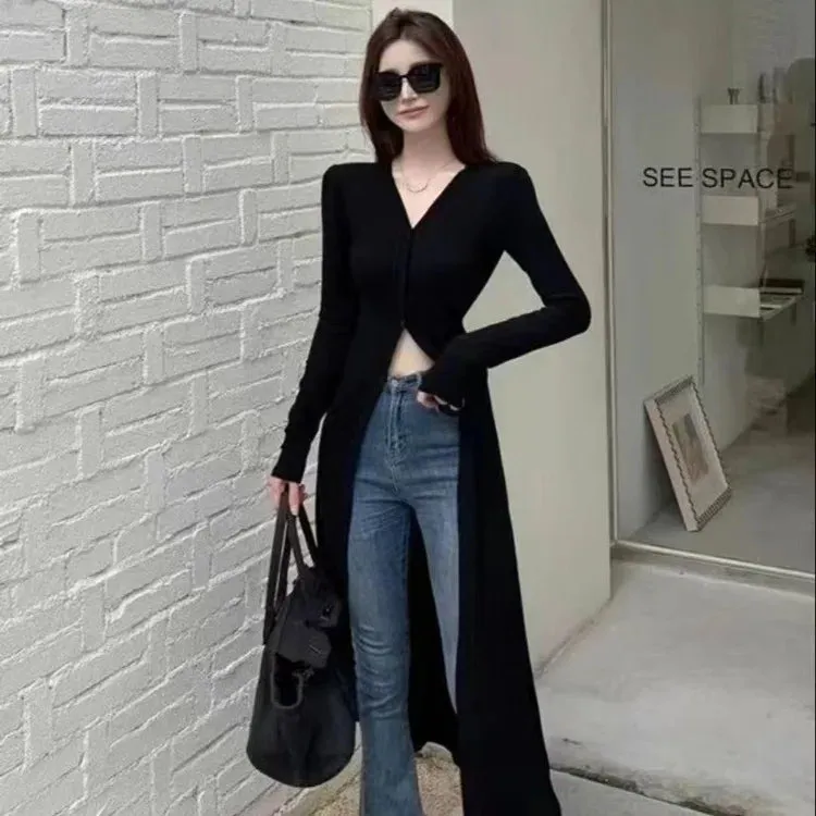 Joskaa Vintage Lazy V-neck Sun Protection Coat 2024 Summer New Slim Fit Thin Tops Women Y2k Grunge Long Sleeve Cardigan Mujer