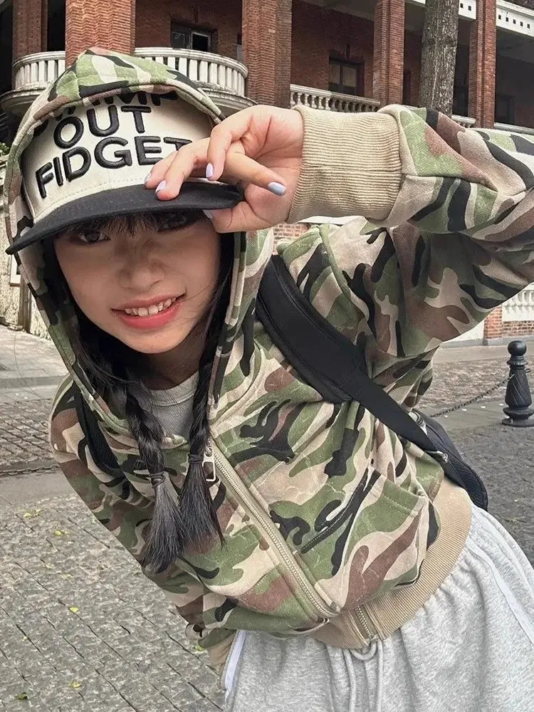 Joskaa Vintage Street Hoodie Sweatshirt Coat Women Simple All-match Camouflage Tops Mujer Y2k Grunge Long Sleeve Zipper Jackets