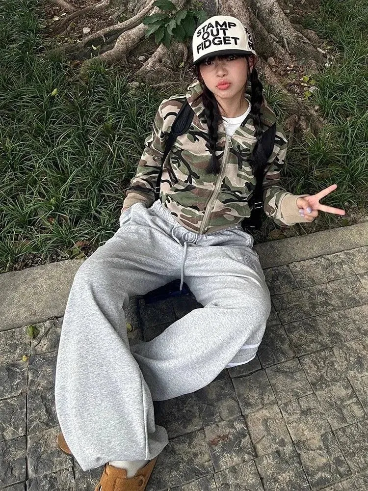 Joskaa Vintage Street Hoodie Sweatshirt Coat Women Simple All-match Camouflage Tops Mujer Y2k Grunge Long Sleeve Zipper Jackets