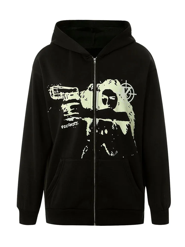 Joskaa Y2k Grunge Clothes Sweatshirt Women Punk Sport Loose Coat  Anime Print Gothic Streetwear Long Sleeve Zip Hoodie Korean Fashion