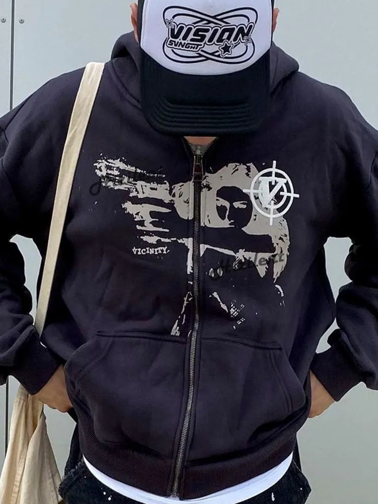 Joskaa Y2k Grunge Clothes Sweatshirt Women Punk Sport Loose Coat  Anime Print Gothic Streetwear Long Sleeve Zip Hoodie Korean Fashion