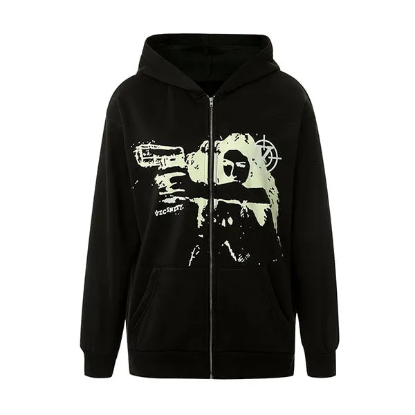 Joskaa Y2k Grunge Clothes Sweatshirt Women Punk Sport Loose Coat  Anime Print Gothic Streetwear Long Sleeve Zip Hoodie Korean Fashion