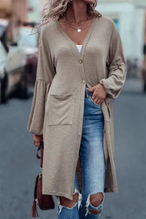 Khaki Front Open Puff Sleeve Cardigan