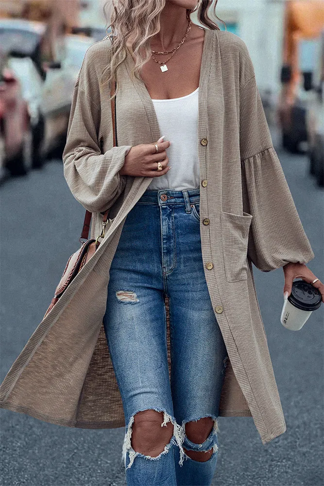Khaki Front Open Puff Sleeve Cardigan