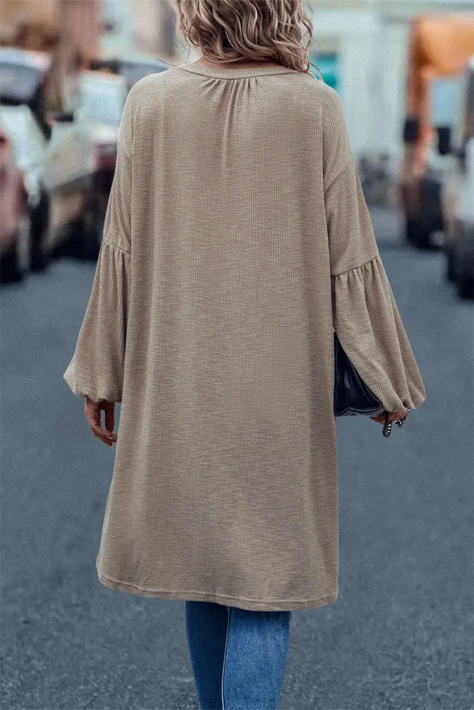 Khaki Front Open Puff Sleeve Cardigan