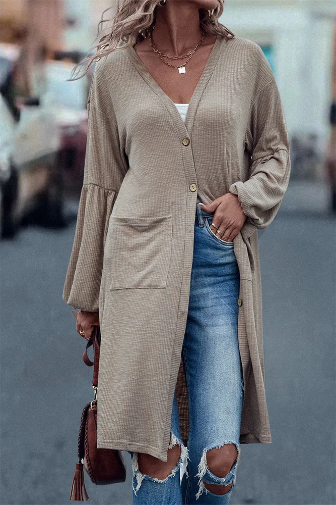 Khaki Front Open Puff Sleeve Cardigan