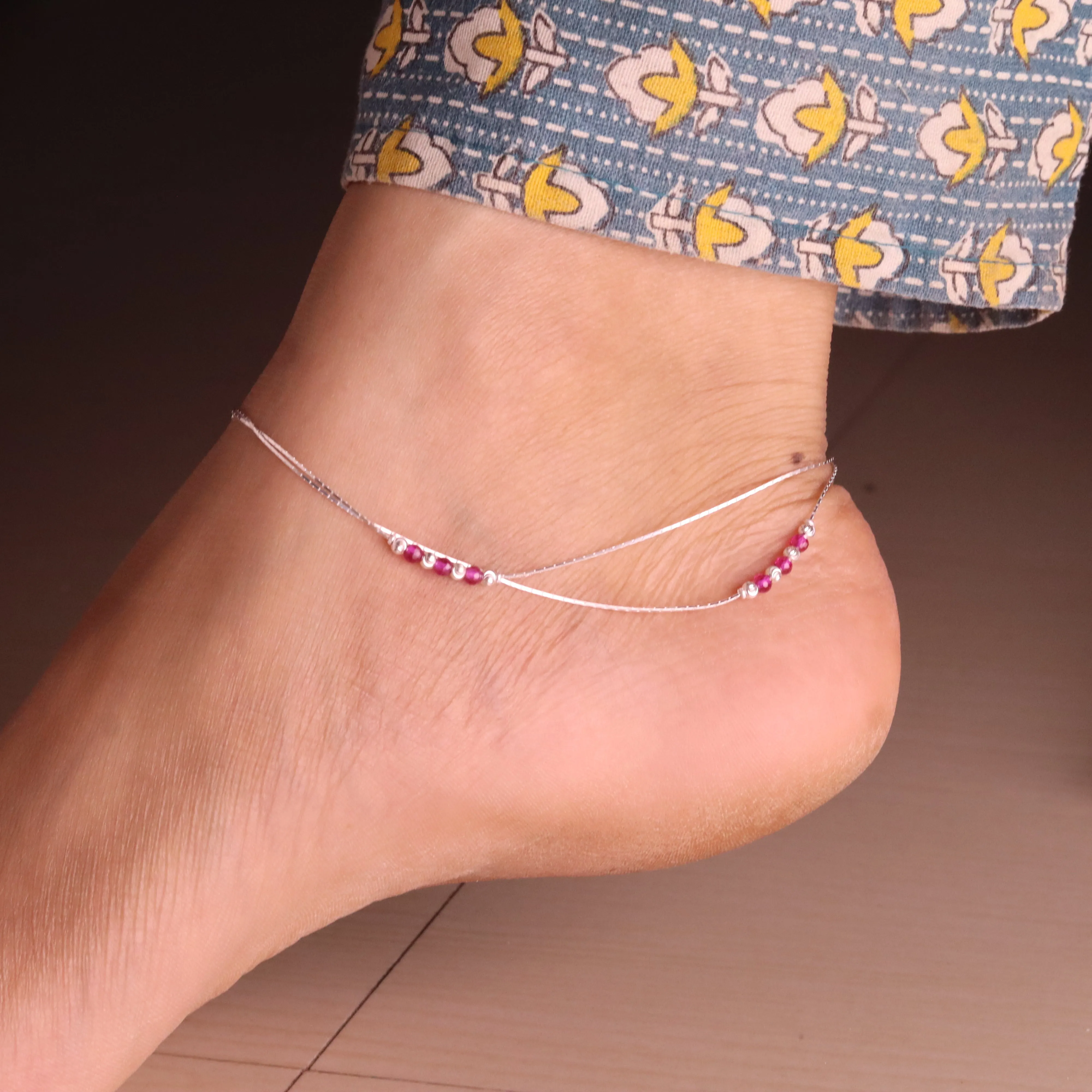 Layered Bead Silver Payal for Women
