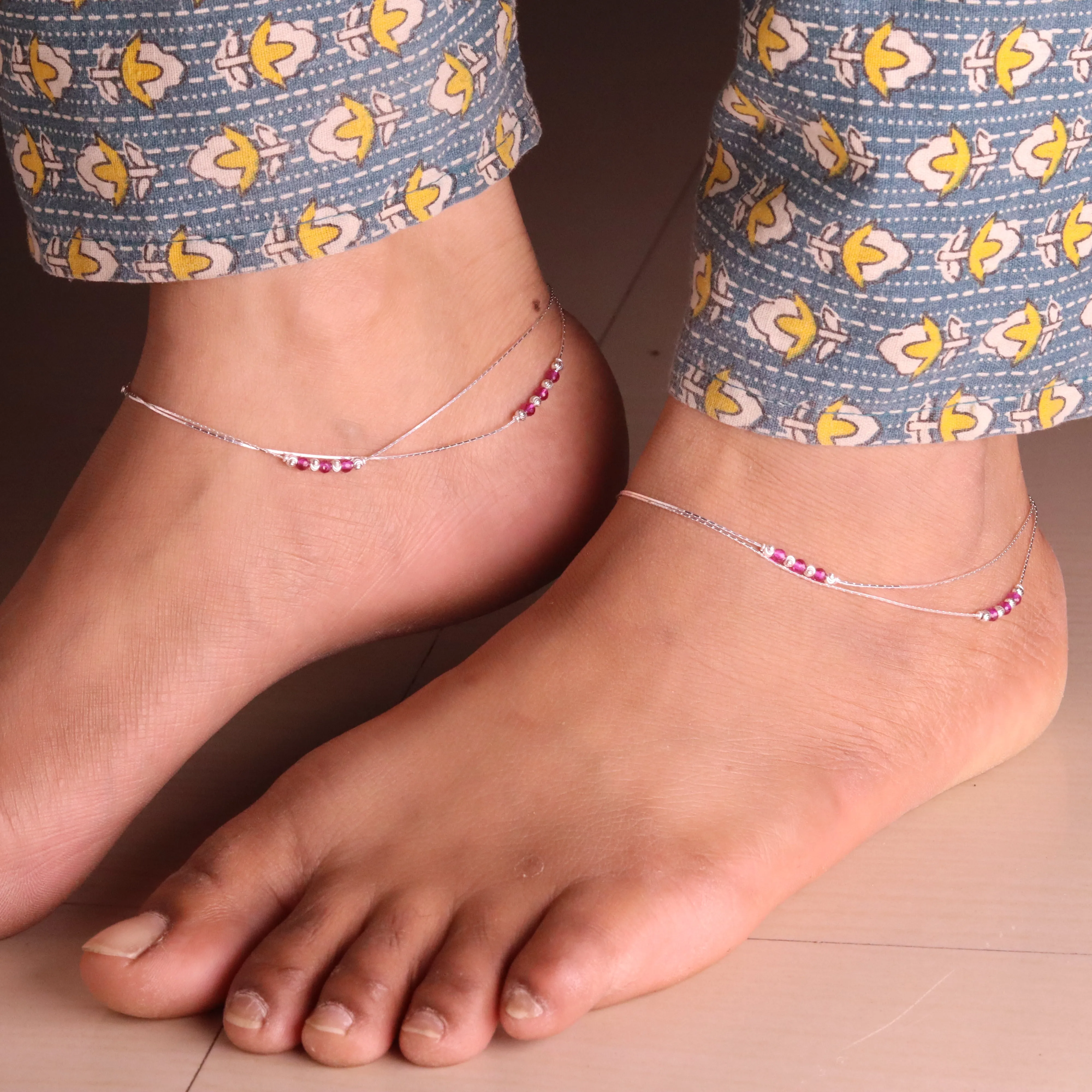 Layered Bead Silver Payal for Women
