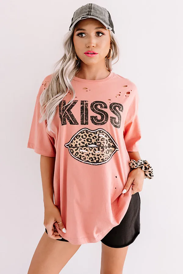 Leopard Kiss Distressed Tee In Dark Peach