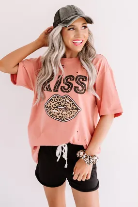 Leopard Kiss Distressed Tee In Dark Peach