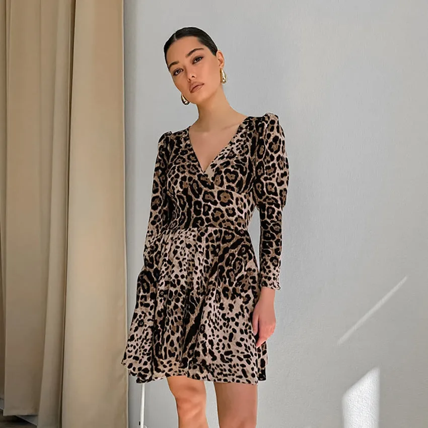 Leopard Print V Neck Slim Fit Dress
