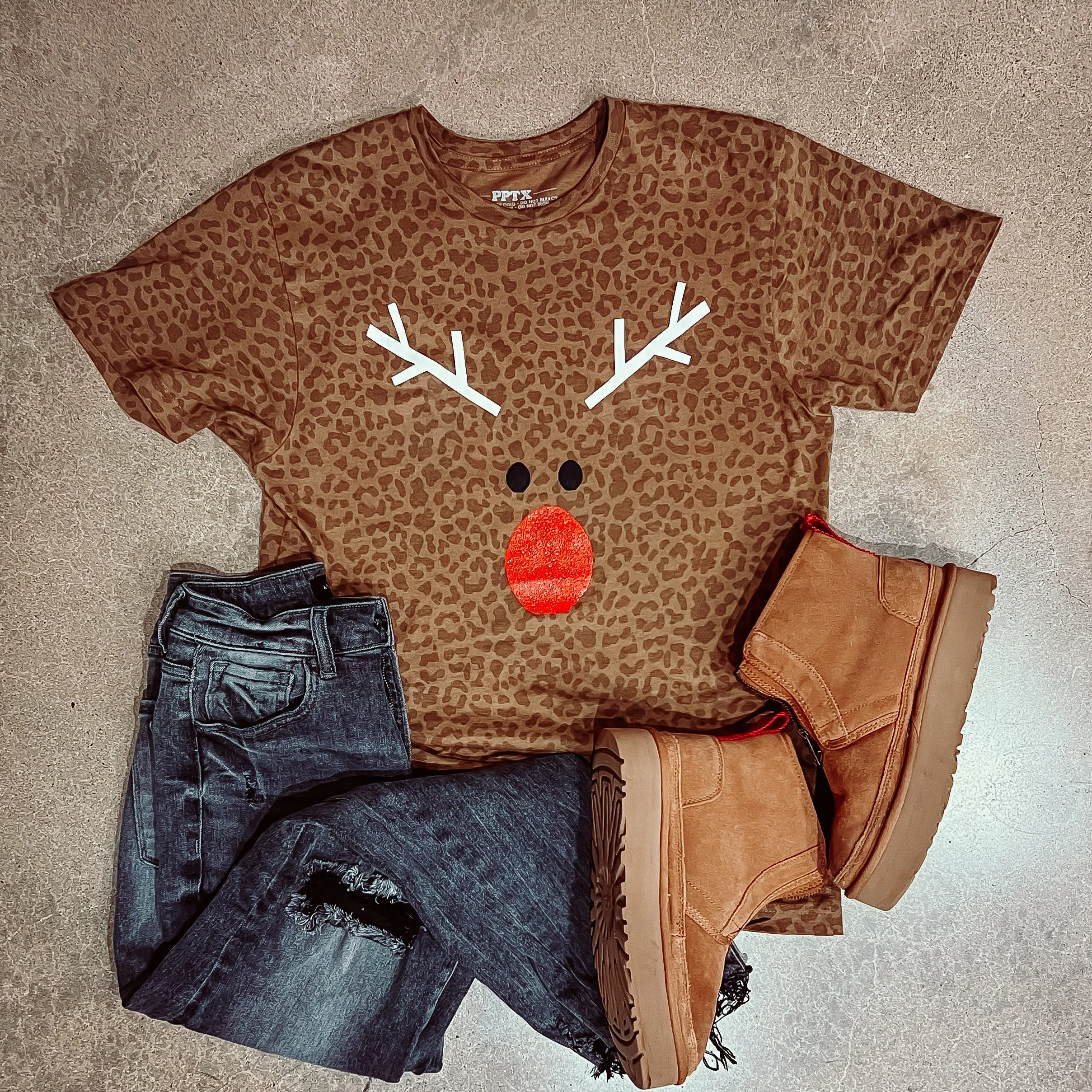 Leopard Reindeer Tshirt (Tan)