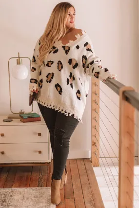 Let The Music Fray Leopard Sweater In Cream Curves