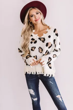 Let The Music Fray Leopard Sweater In Cream