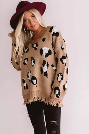 Let The Music Fray Leopard Sweater In Mocha