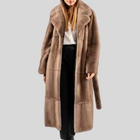 Long  Real Mink Fur Lapel Collar Fur Belt Coat