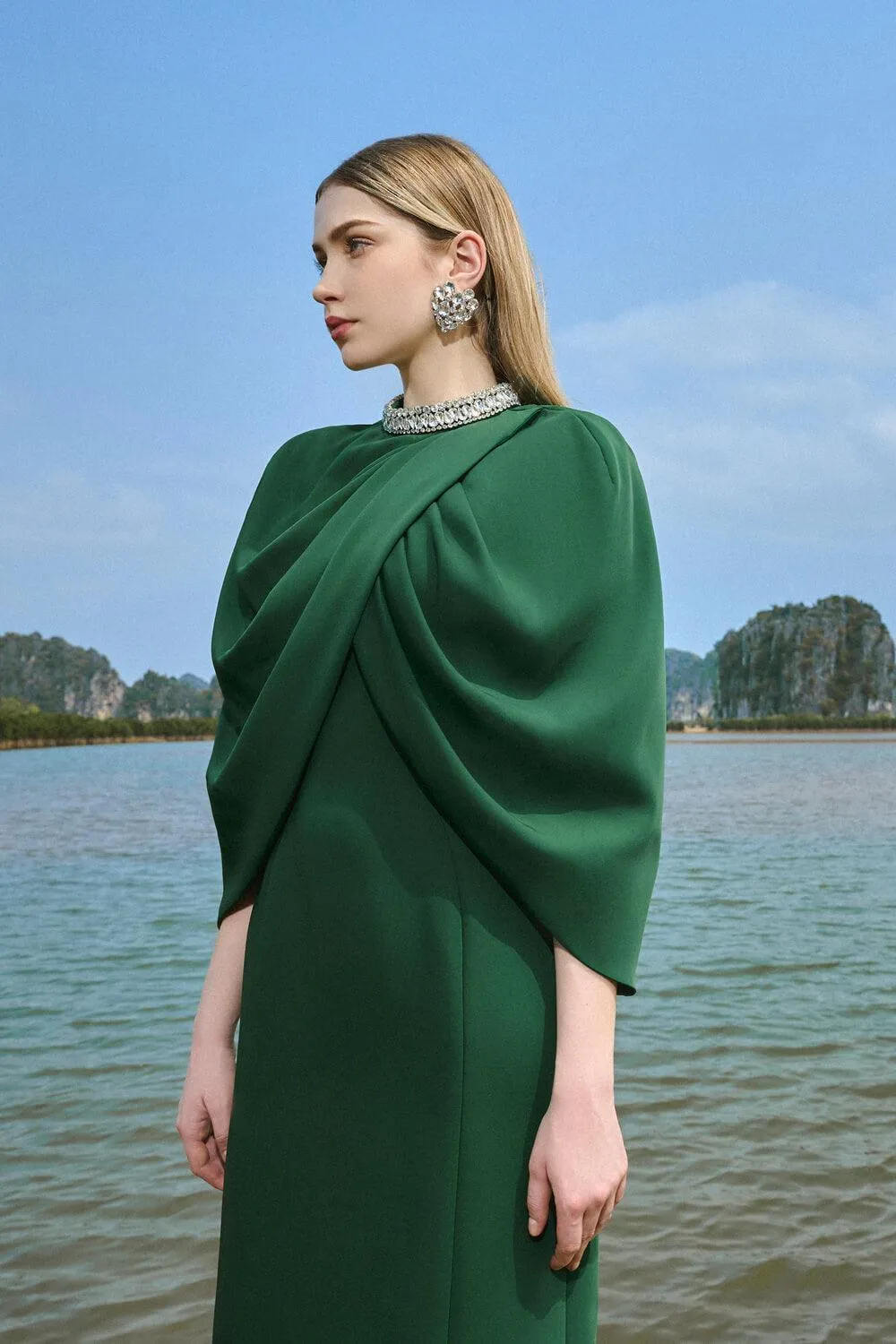 Lorelei Sheath Cape Shoulder Crepe Maxi Set
