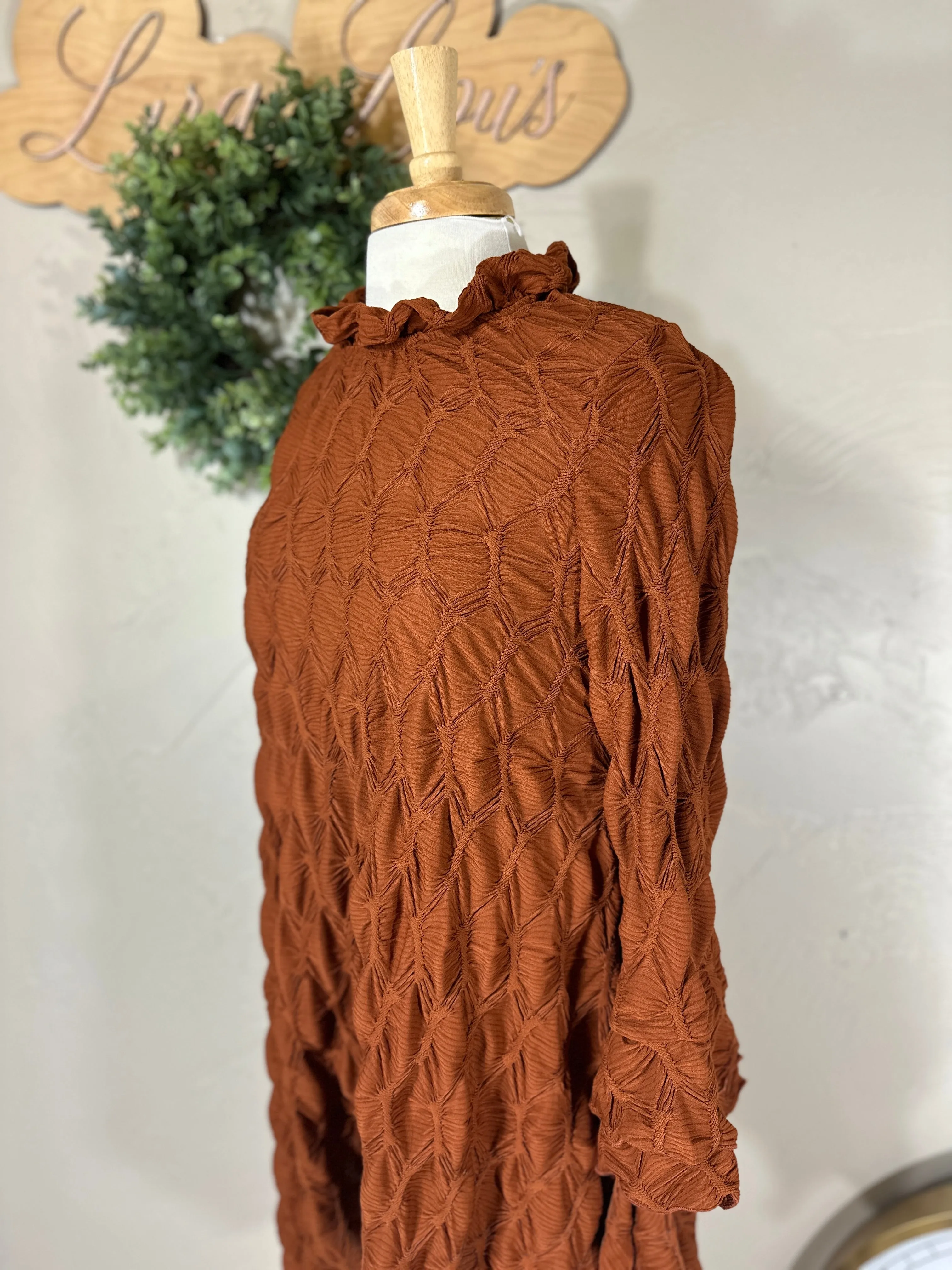Lovely Lady Textured Rust Copper Shark Bite Handkerchief Tunic