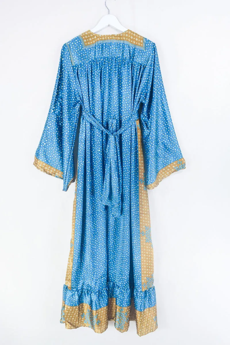 Lunar Maxi Dress - Vintage Sari - Deep Turquoise & Gold - Size S/M