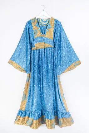 Lunar Maxi Dress - Vintage Sari - Deep Turquoise & Gold - Size S/M