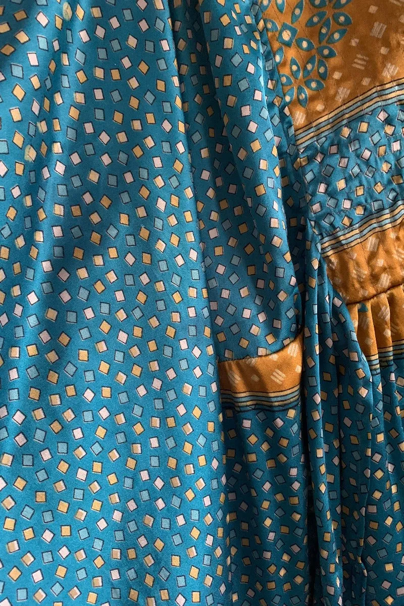 Lunar Maxi Dress - Vintage Sari - Deep Turquoise & Gold - Size S/M