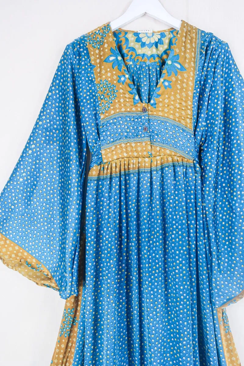 Lunar Maxi Dress - Vintage Sari - Deep Turquoise & Gold - Size S/M