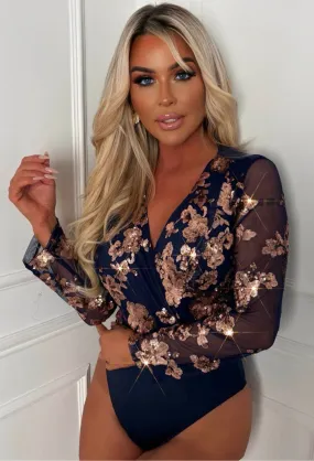 Luxury Merritt Navy and Rose Gold Sequin Bodysuit