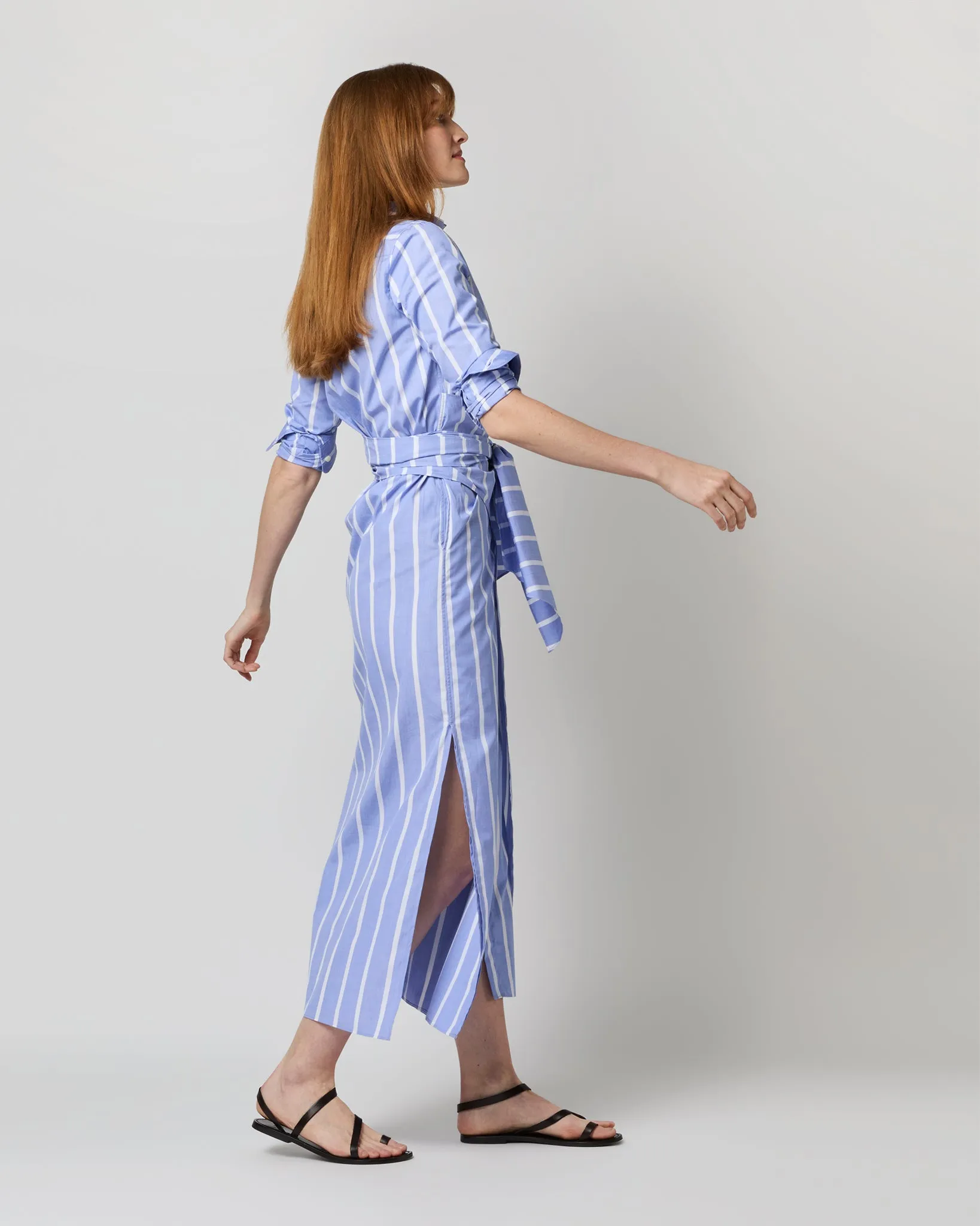 Maxi Tie-Waist Shirtdress in Blue/White Bold Stripe End-On-End