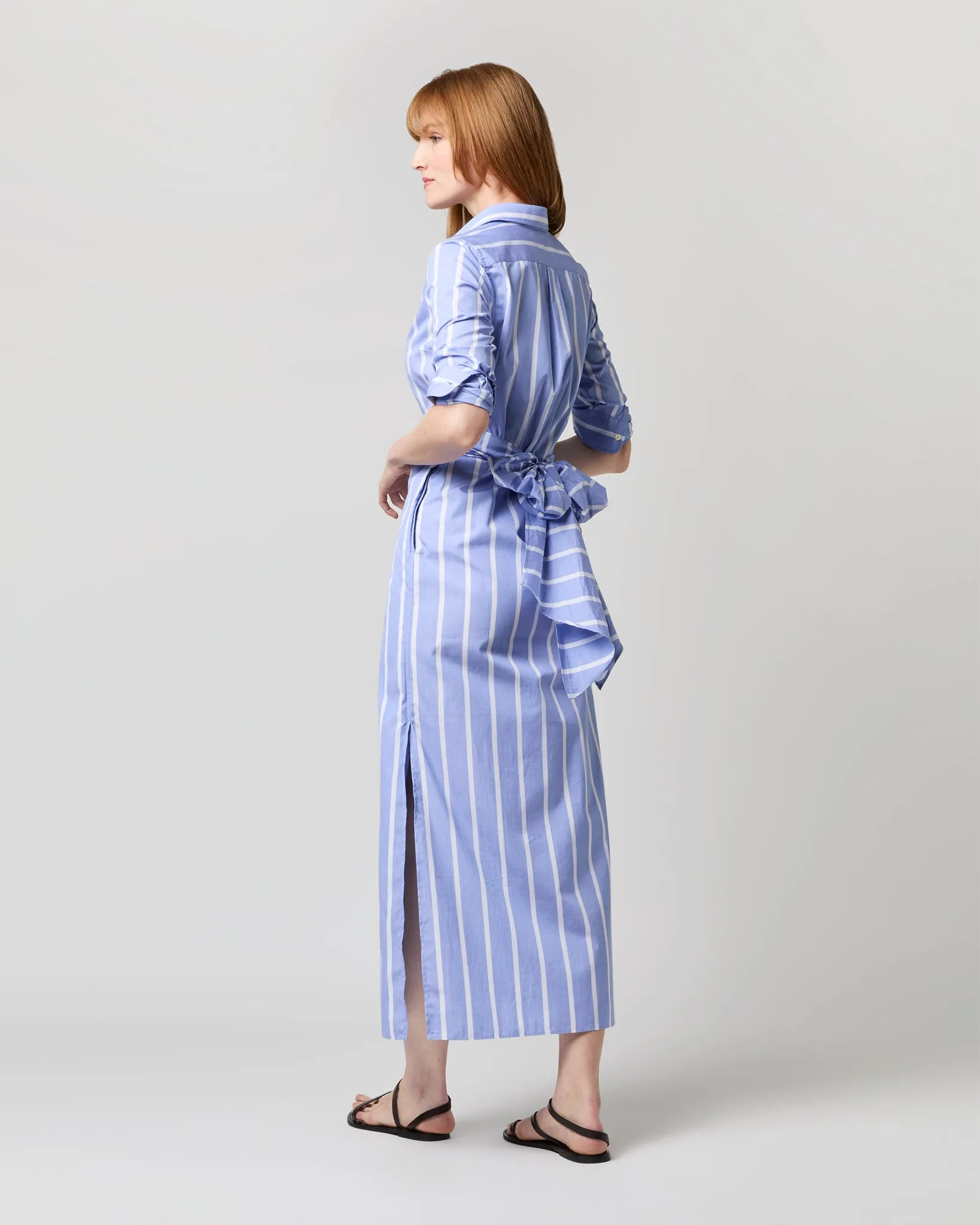 Maxi Tie-Waist Shirtdress in Blue/White Bold Stripe End-On-End