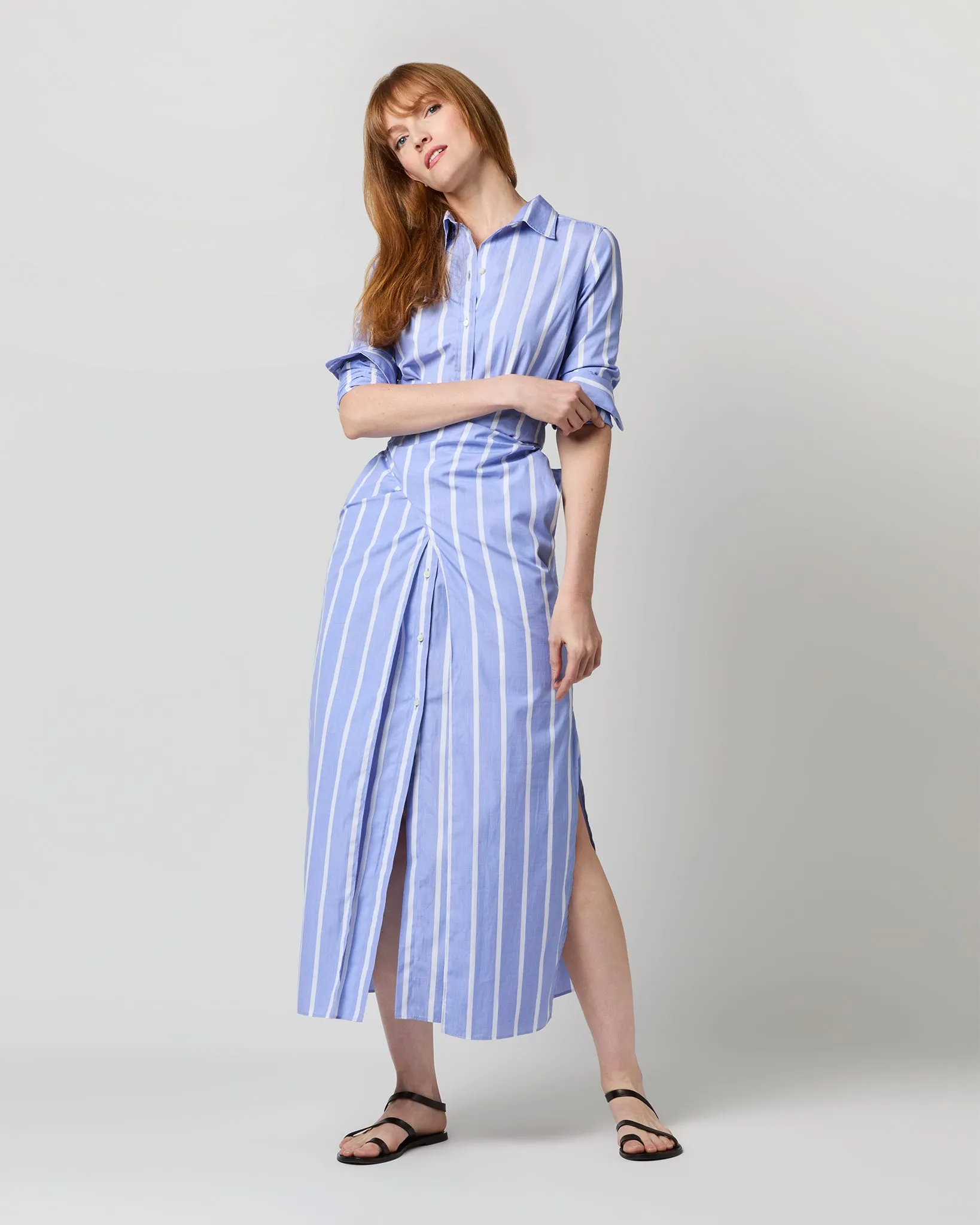 Maxi Tie-Waist Shirtdress in Blue/White Bold Stripe End-On-End