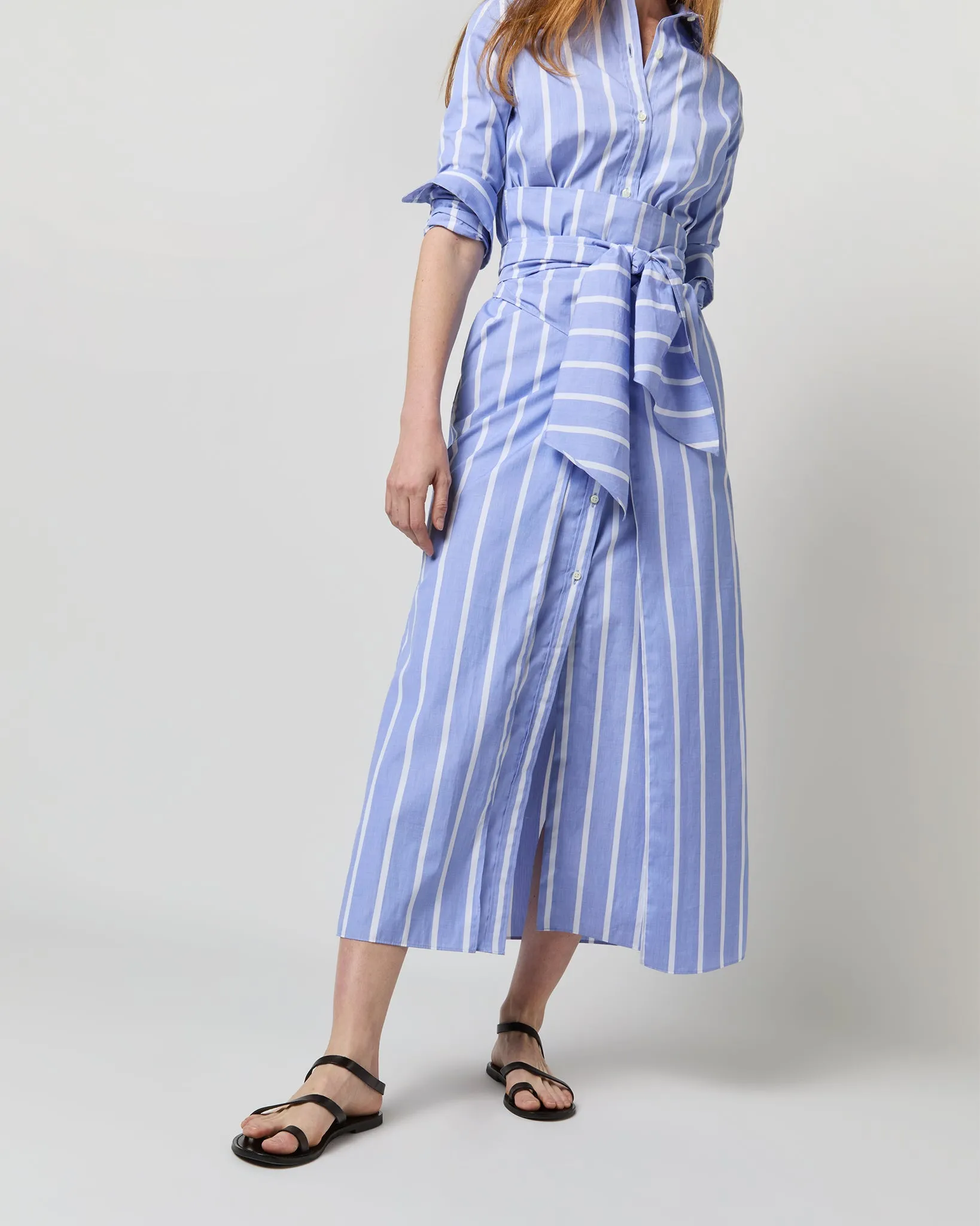 Maxi Tie-Waist Shirtdress in Blue/White Bold Stripe End-On-End