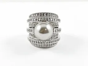 Modern Unique Multi Layer CZ Ring With Black Center Pearl Brass Ring