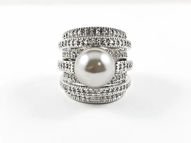 Modern Unique Multi Layer CZ Ring With Black Center Pearl Brass Ring